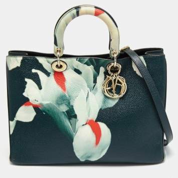 Pre Owned Dior Teal Green Floral Printed Leather Large Diorissimo Shopper Tote