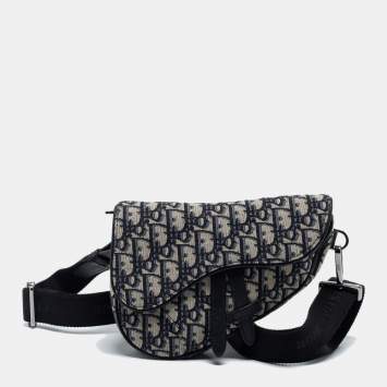 Pre Owned Dior Blue/Black Oblique Canvas and Leather Saddle Belt Bag