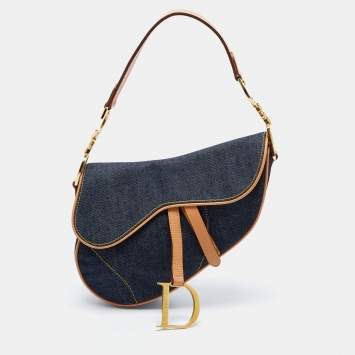 Pre Owned Dior Blue/Beige Denim and Leather Saddle Bag