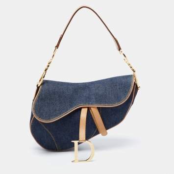 Pre Owned Dior Blue/Beige Denim and Leather Saddle Bag