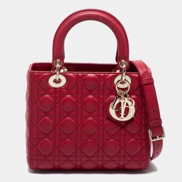 Pre Owned Dior Red Cannage Leather Medium Lady Dior Tote