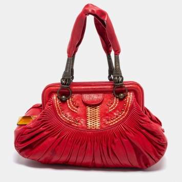 Pre Owned Dior Red Leather Plisse Frame Satchel