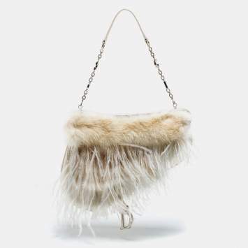 Pre Owned Dior White Satin and Feather Crystal Embellished Logo Mini Saddle Bag