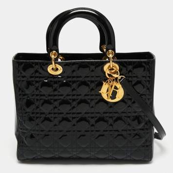 Pre Owned Dior Black Cannage Patent Leather Large Lady Dior Tote
