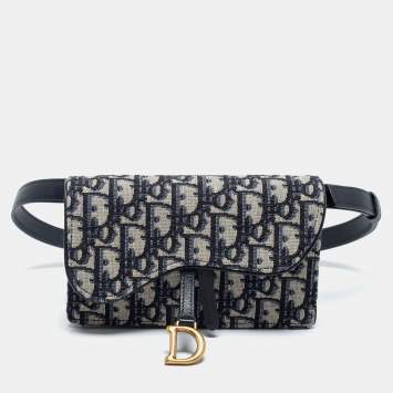 Pre Owned Dior Navy Blue Oblique Canvas and Leather Saddle Belt Bag