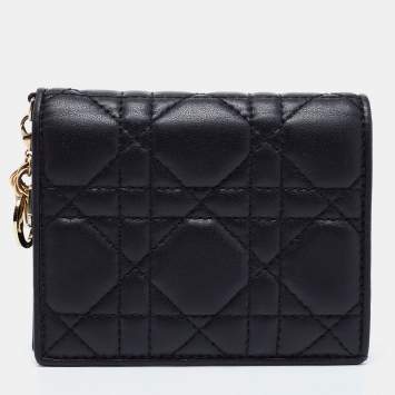 Pre Owned Dior Black Cannage Leather Lady Dior Flap Card Holder
