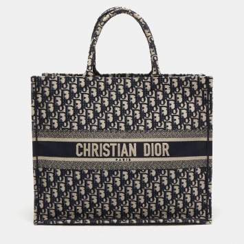Pre Owned Dior Navy Blue Oblique Embroidery Canvas Book Tote
