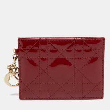 Pre Owned Dior Red Cannage Patent Leather Lady Dior Card Holder