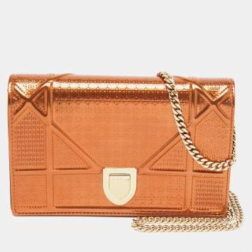 Pre Owned Dior Metallic Bronze Micro Cannage Patent Leather Diorama Wallet on Chain 