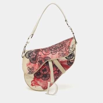 Pre Owned Dior Off White/Red Printed Fabric and Leather Limited Edition Saddle Bag