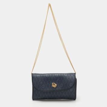 Pre Owned Dior Blue Honeycomb Coated Canvas and Leather Vintage Chain Clutch 