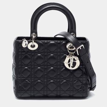 Pre Owned Dior Black Cannage Leather Medium Lady Dior Tote