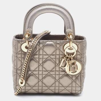 Pre Owned Dior Metallic Grey Cannage Leather Mini Lady Dior Tote