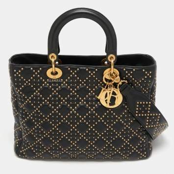 Pre Owned Dior Black Studded Cannage Leather Supple Lady Dior Tote