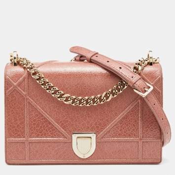 Pre Owned Dior Dark Beige Crackle Leather Medium Diorama Shoulder Bag