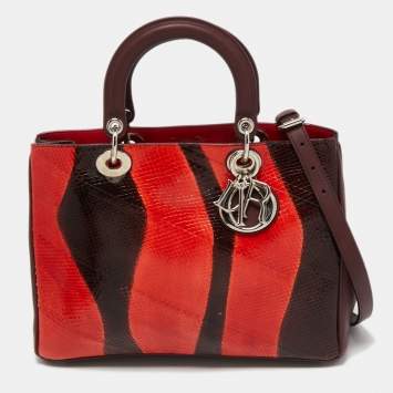 Pre Owned Dior Burgundy/Orange Snakeskin and Leather Medium Diorissimo Shopper Tote