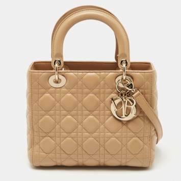 Pre Owned Dior Beige Cannage Leather Medium Lady Dior Tote
