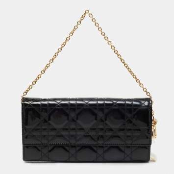 Pre Owned Dior Black Cannage Patent Leather Lady Dior Wallet On Chain