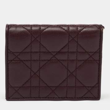 Pre Owned Dior Burgundy Cannage Leather Lady Dior Flap Card Case