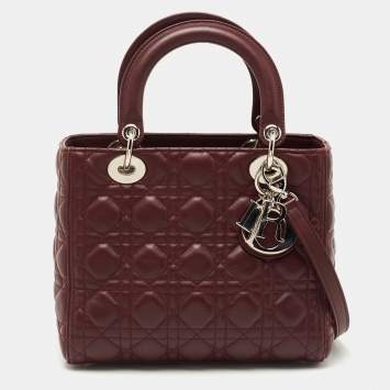 Pre Owned Dior Burgundy Cannage Leather Medium Lady Dior Tote
