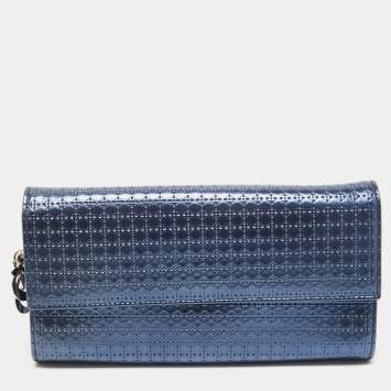 Pre Owned Dior Blue Microcannage Patent Leather Croisiere Wallet on Chain