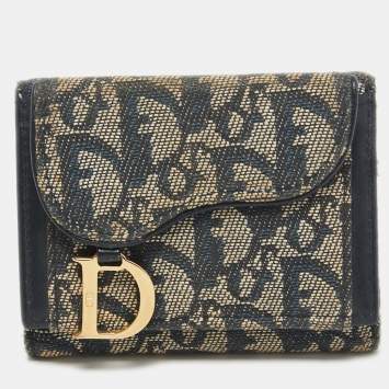 Pre Owned Dior Blue Diorissimo Canvas and Leather Saddle Compact Wallet