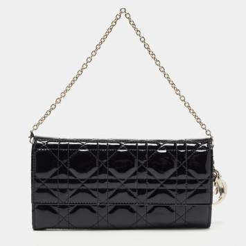Pre Owned Dior Black Cannage Patent Leather Lady Dior Wallet On Chain