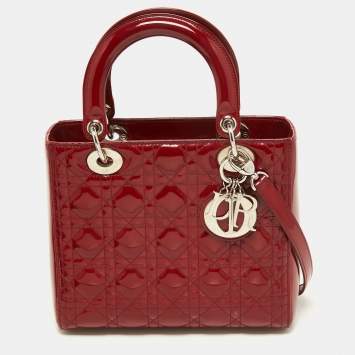 Pre Owned Dior Red Cannage Patent Leather Medium Lady Dior Tote