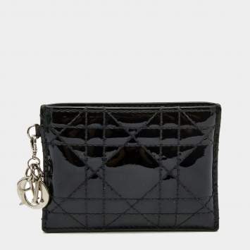 Pre Owned Dior Black Cannage Patent Leather Lady Dior Card Holder