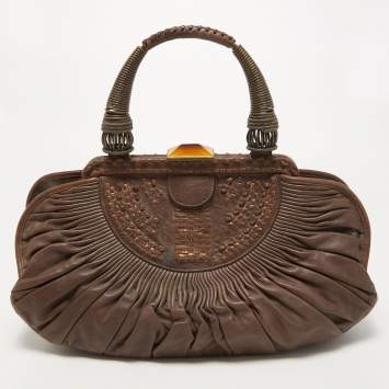 Pre Owned Dior Dark Brown Leather Medium Plisse Frame Bag