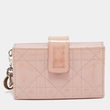 Pre Owned Dior Pink Cannage Patent Leather Lady Dior 5 Gusset Card Holder
