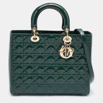 Pre Owned Dior Green Cannage Patent Leather Large Lady Dior Tote