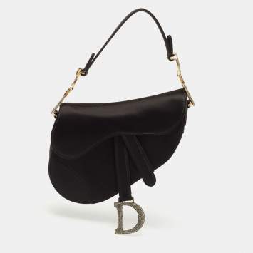 Pre Owned Dior Black Satin Mini Crystal Embellished Saddle Bag