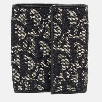 Pre Owned Dior Black Oblique Canvas and Leather Trifold Compact Wallet
