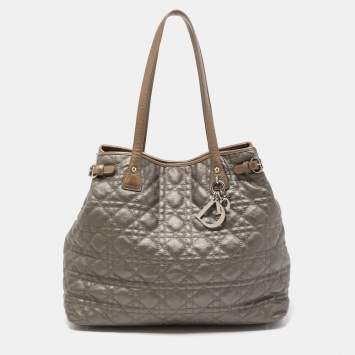 Pre Owned Dior Olive Green Cannage Coated Canvas & Leather Medium Panarea Shopper Tote