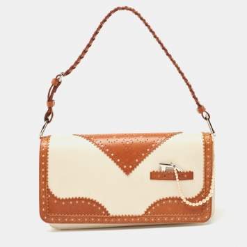 Pre Owned Dior Tan/Off White Brogue Leather Faux Pearl D’Trick Baguette Bag