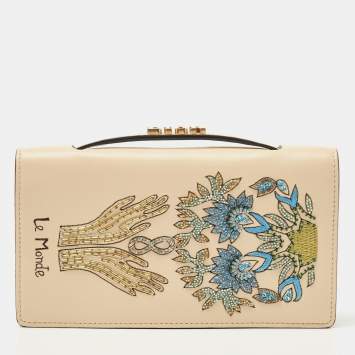 Pre Owned Dior Beige Leather Embroidered Le Monde Tarot Pouch