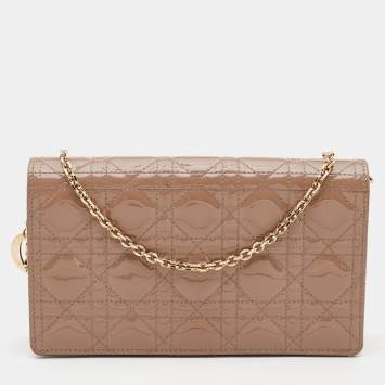 Pre Owned Dior Dark Beige Cannage Patent Leather Lady Dior Chain Clutch