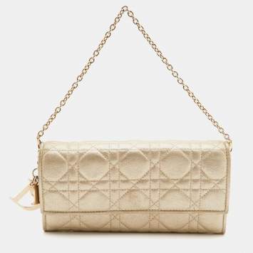 Pre Owned Dior Gold Shimmering Cannage Leather Lady Dior Wallet On Chain