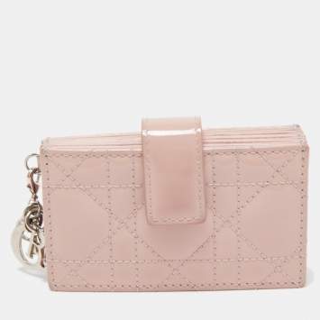 Pre Owned Dior Pink Cannage Patent Leather Lady Dior 5 Gusset Card Holder