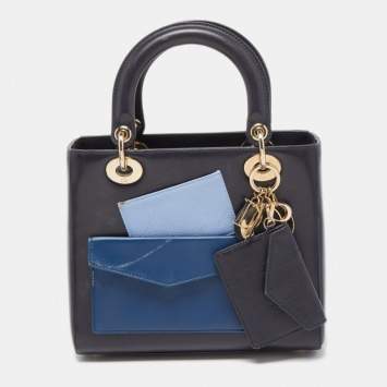 Pre Owned Dior Midnight Blue Leather Medium Pockets Lady Dior Tote
