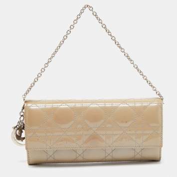 Pre Owned Dior Grey Cannage Patent Leather Lady Dior Wallet on Chain