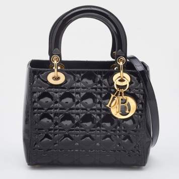 Pre Owned Dior Black Cannage Patent Leather Medium Lady Dior Tote