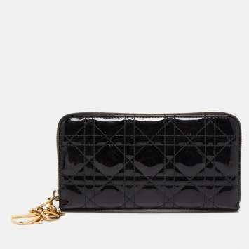 Pre Owned Dior Black Cannage Patent Leather Lady Dior Continental Wallet