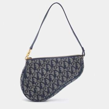Pre Owned Dior Navy Blue Oblique Canvas and Leather Saddle Baguette Bag