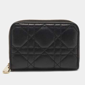 Pre Owned Dior Black Cannage Leather Compact Zip Around Wallet