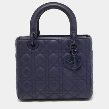 Pre Owned Dior Navy Blue Ultramatte Cannage Leather Medium Lady Dior Tote