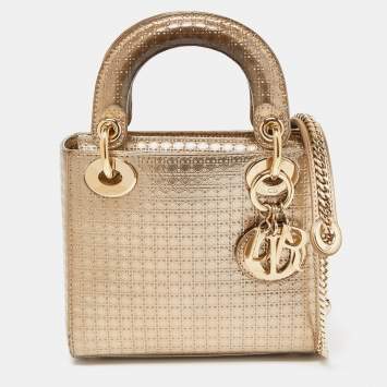 Pre Owned Dior Gold Microcannage Patent Leather Mini Lady Dior Tote
