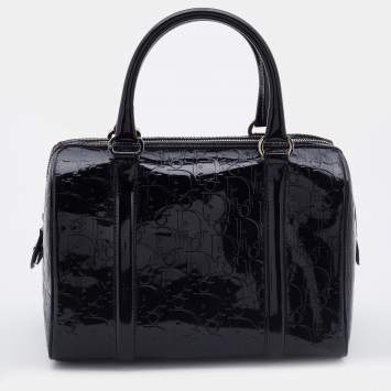 Pre Owned Dior Black Oblique Monogram Patent Leather Boston Bag