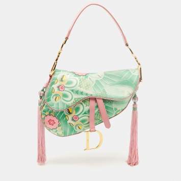 Pre Owned Dior Pink/Green Printed Satin and Glazed Leather Limited Edition 0705 Saddle Bag